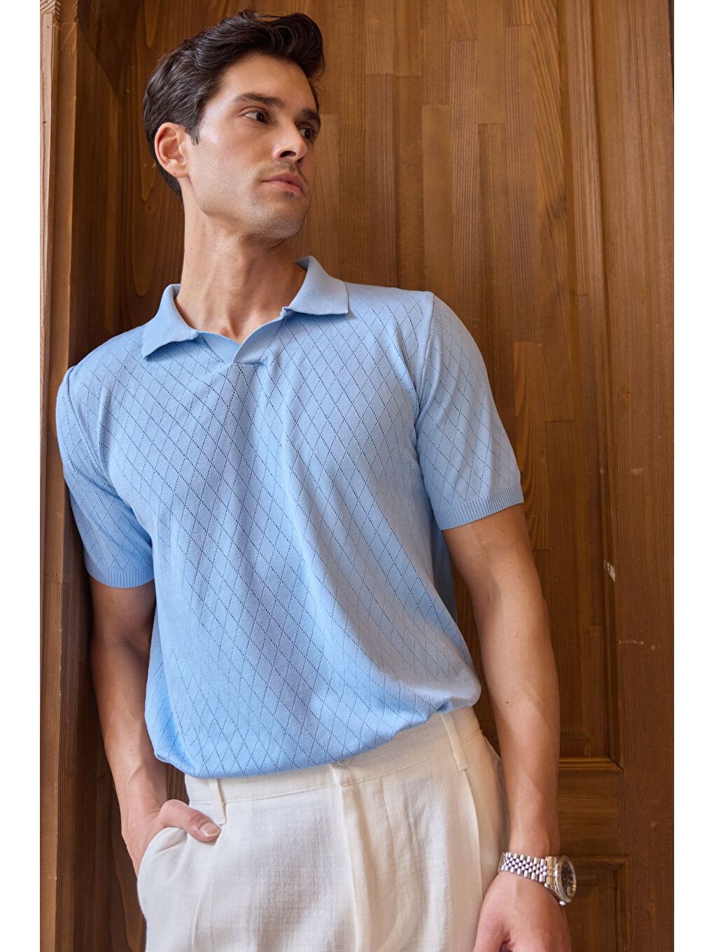 Mavi Onor Erkek Kendinden Desenli Polo Yaka Triko Tişört Geniş Kalıp Hafif Doku-7