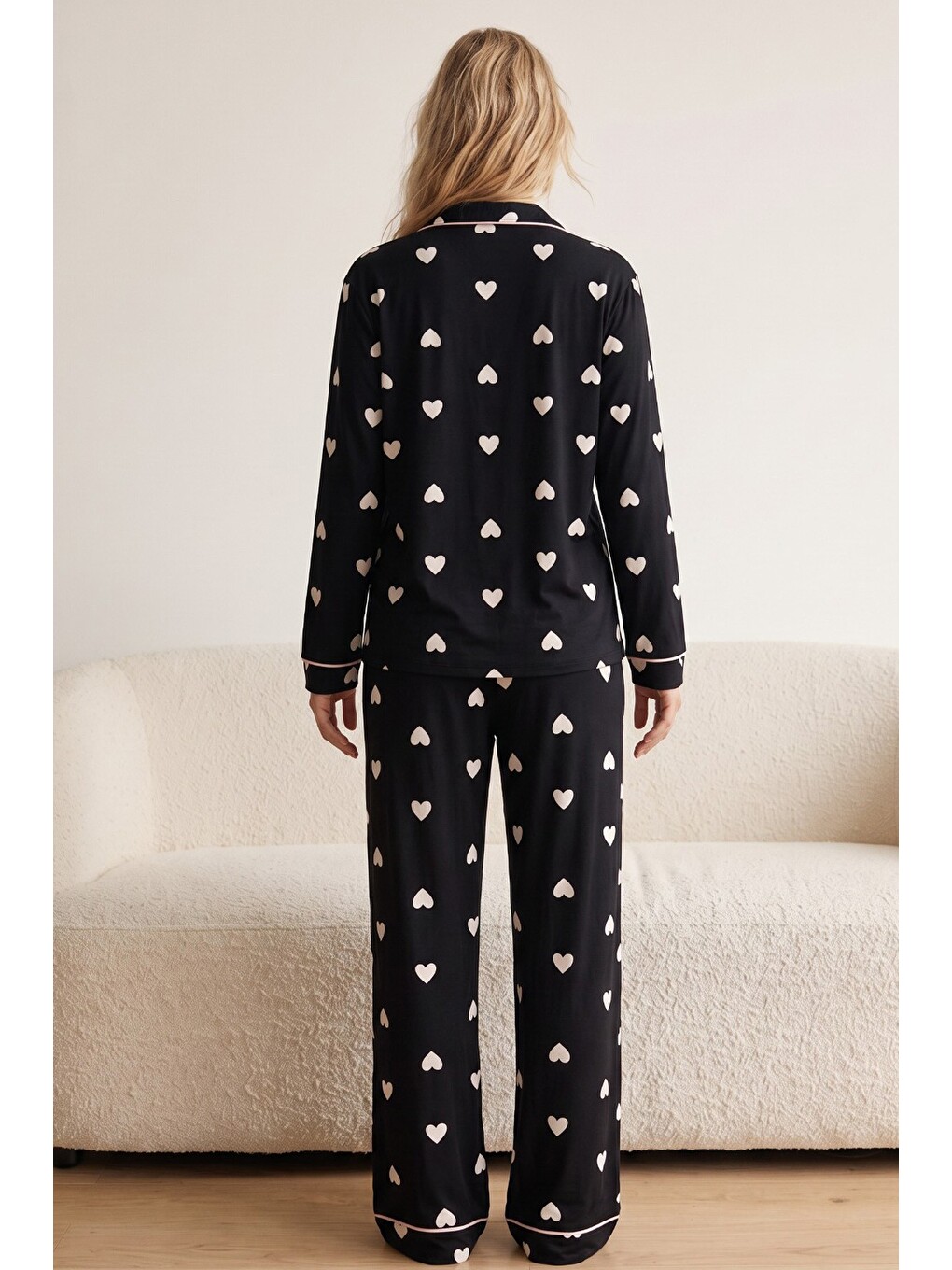 Karışık Düğmeli Biyeli Oversize Pamuklu Örme Pijama Takım 8071-2
