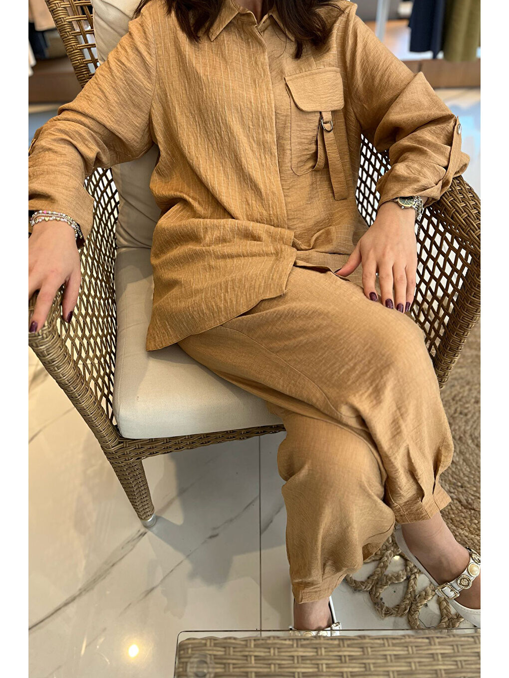 Kahverengi Çizgili Cep Detay Takım 1041 Camel-2