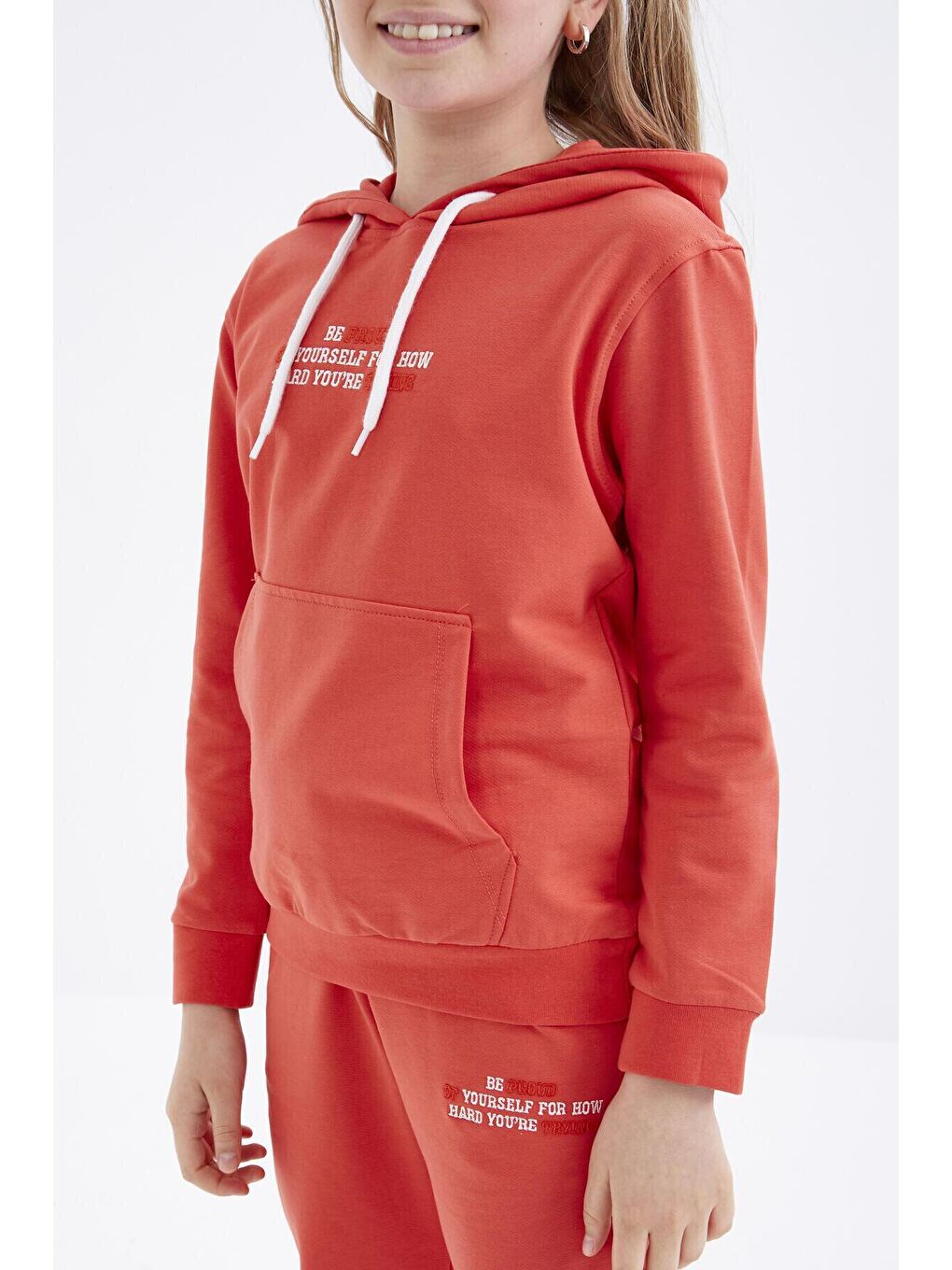 Turuncu Portakal Yazı Nakışlı Kapüşonlu Basic Rahat Form Kız Çocuk Eşofman Takım - 75055-3