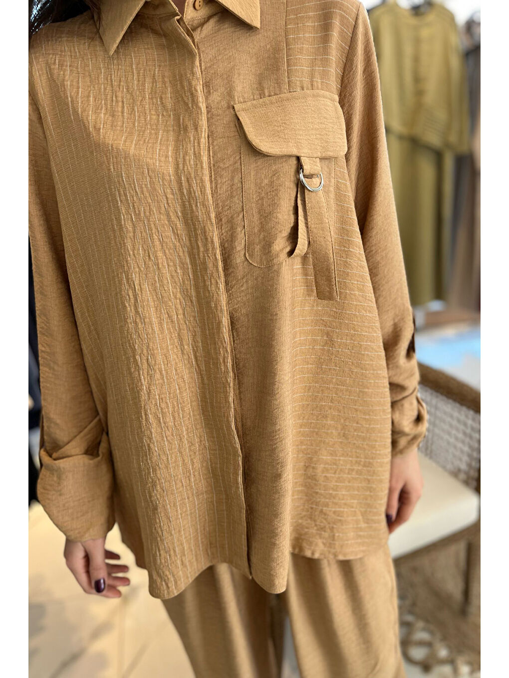 Kahverengi Çizgili Cep Detay Takım 1041 Camel-3