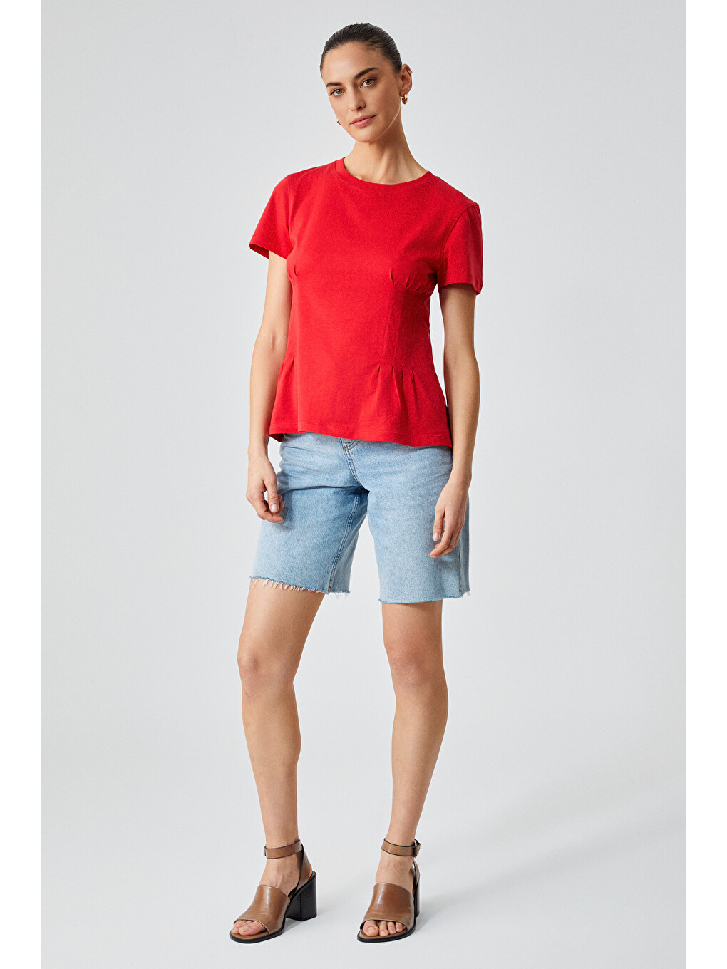 Kırmızı JESSIA Kadın Korse Detaylı %100 Organik Pamuk Bisiklet Yaka KIRMIZI T-Shirt-1