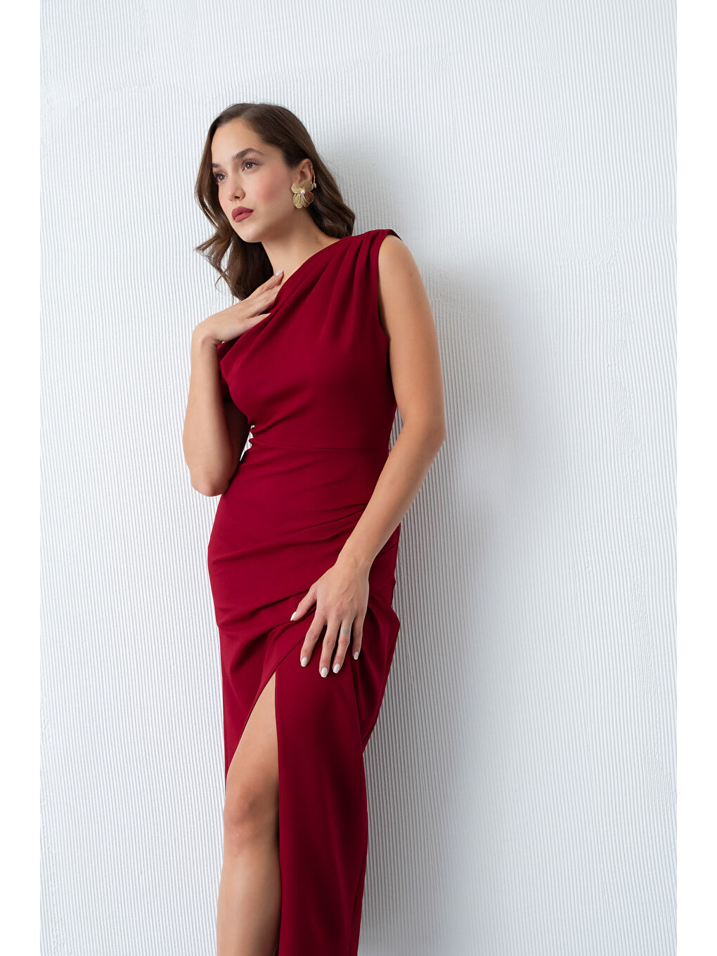 Kadın Bordo Omuz Dekolteli Midi Davet Elbisesi-1