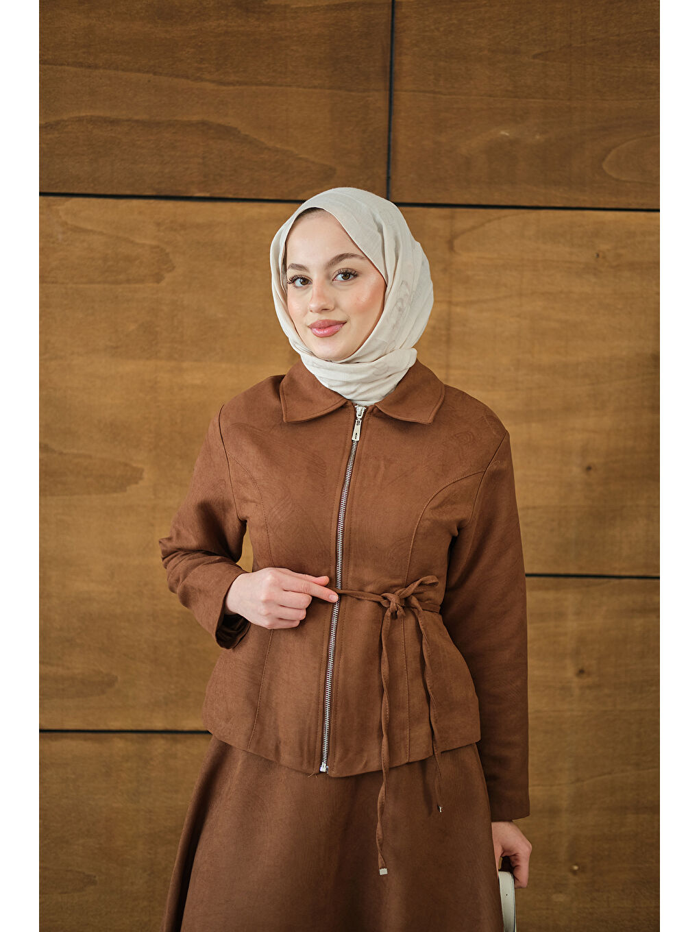 Kahverengi Kadın Nubuk Detay Bel Bağlamalı Takım Taba-1