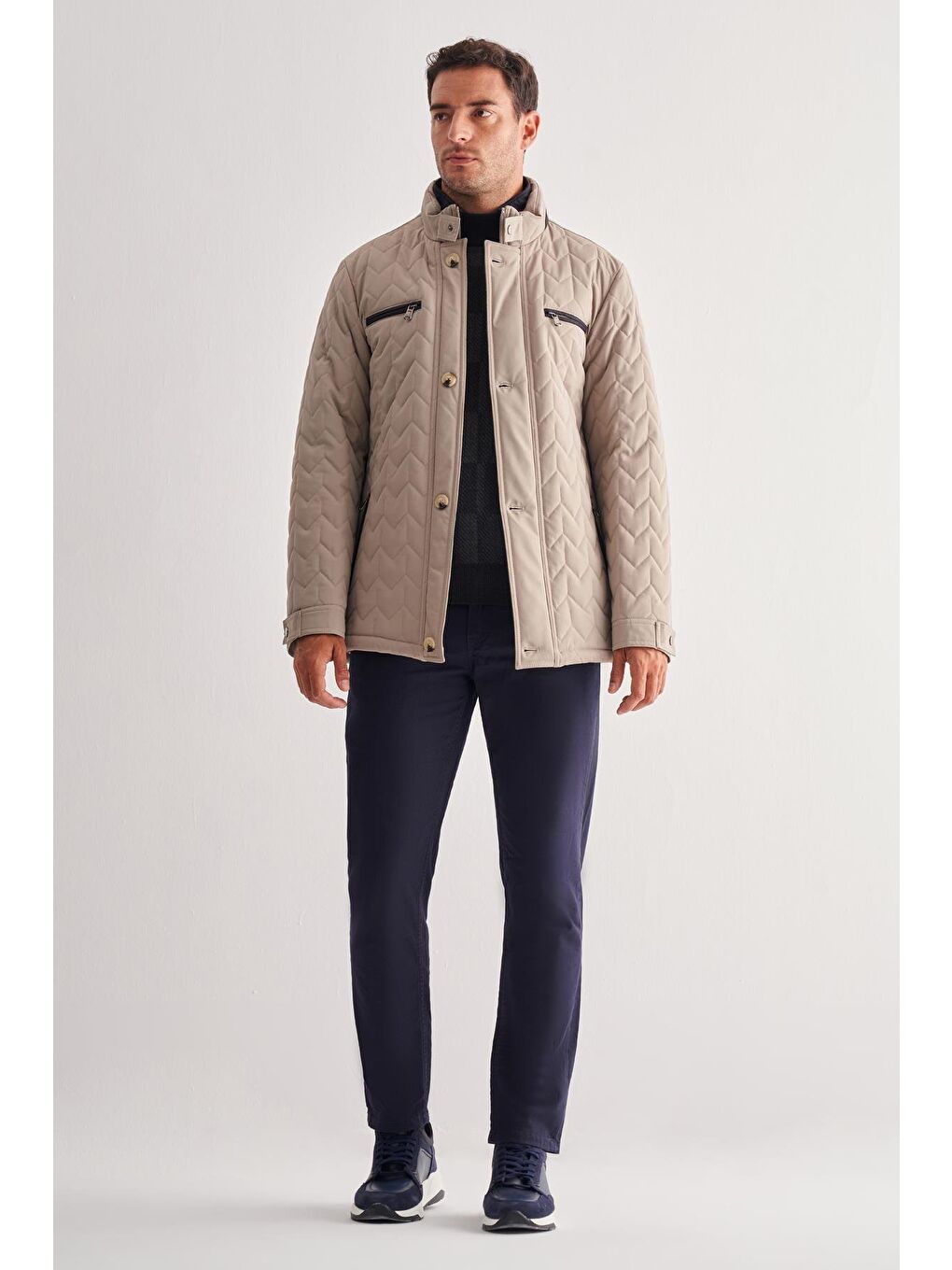 Koyu Bej Dik Yaka Casual Slim Fit Kapitone Esnek Mont 1007255126-1