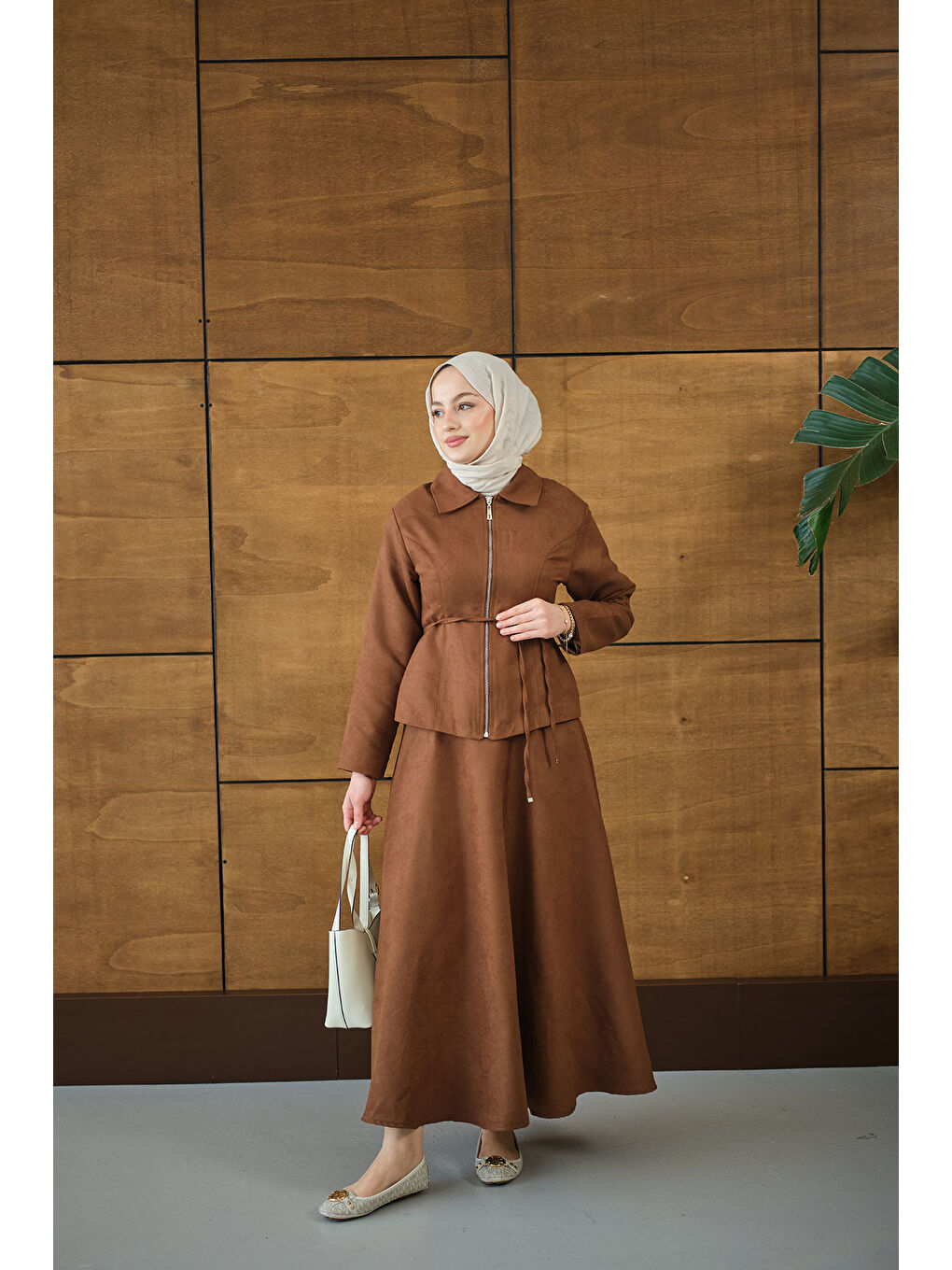 Kahverengi Kadın Nubuk Detay Bel Bağlamalı Takım Taba-2