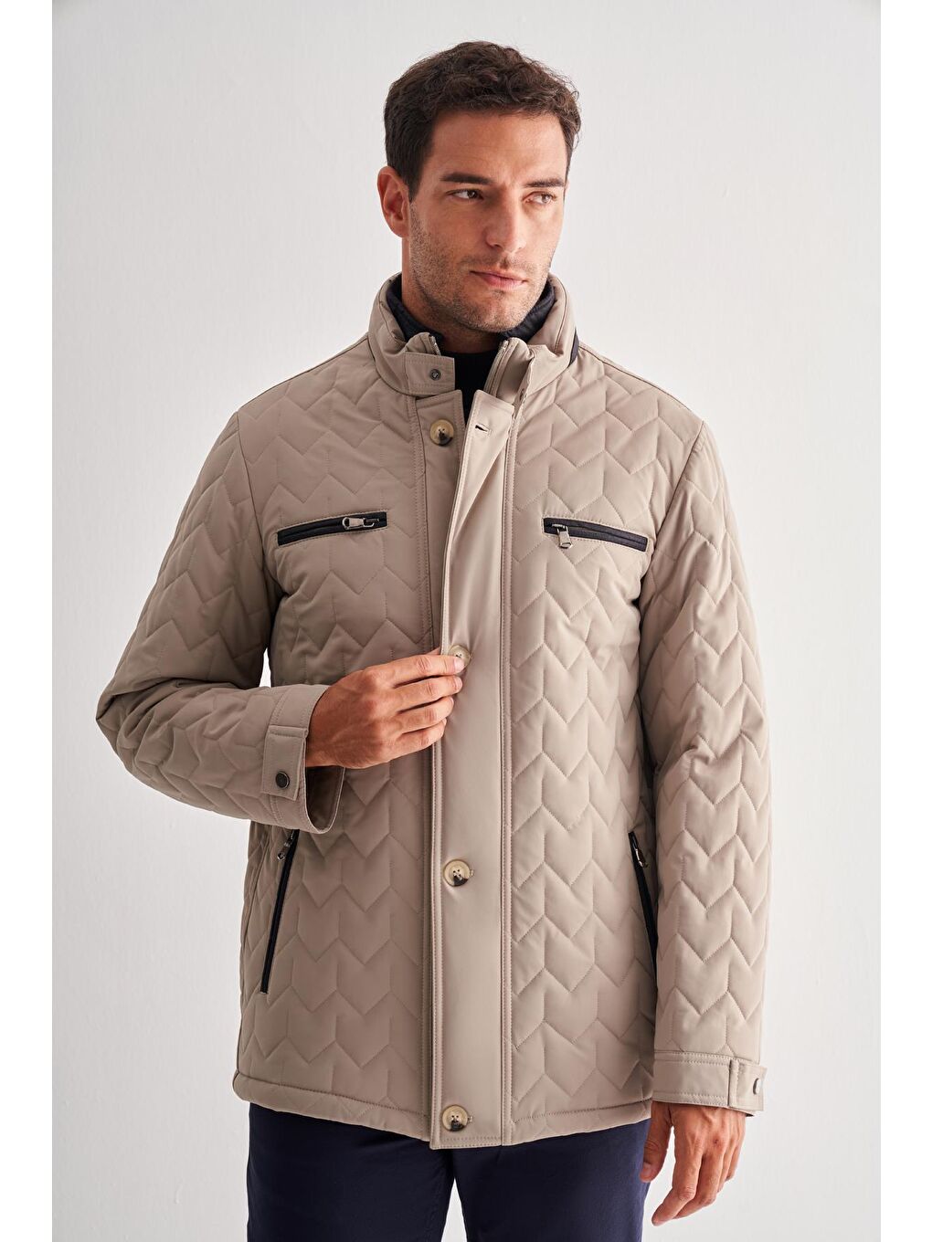 Koyu Bej Dik Yaka Casual Slim Fit Kapitone Esnek Mont 1007255126-2