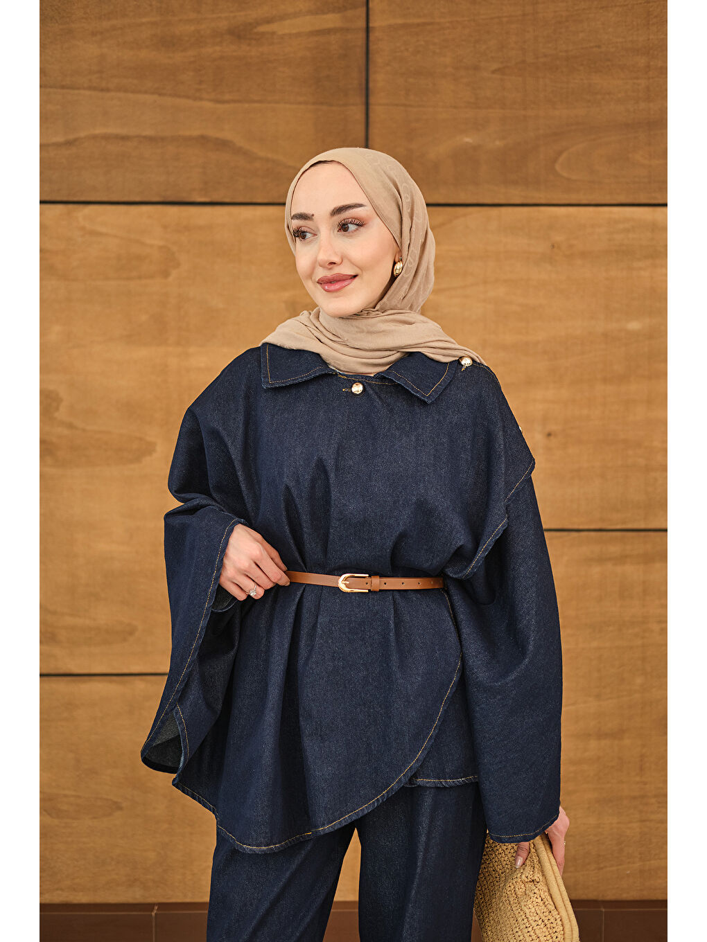 Kadın Yan Düğme Detaylı Jean Takım Lacivert-1