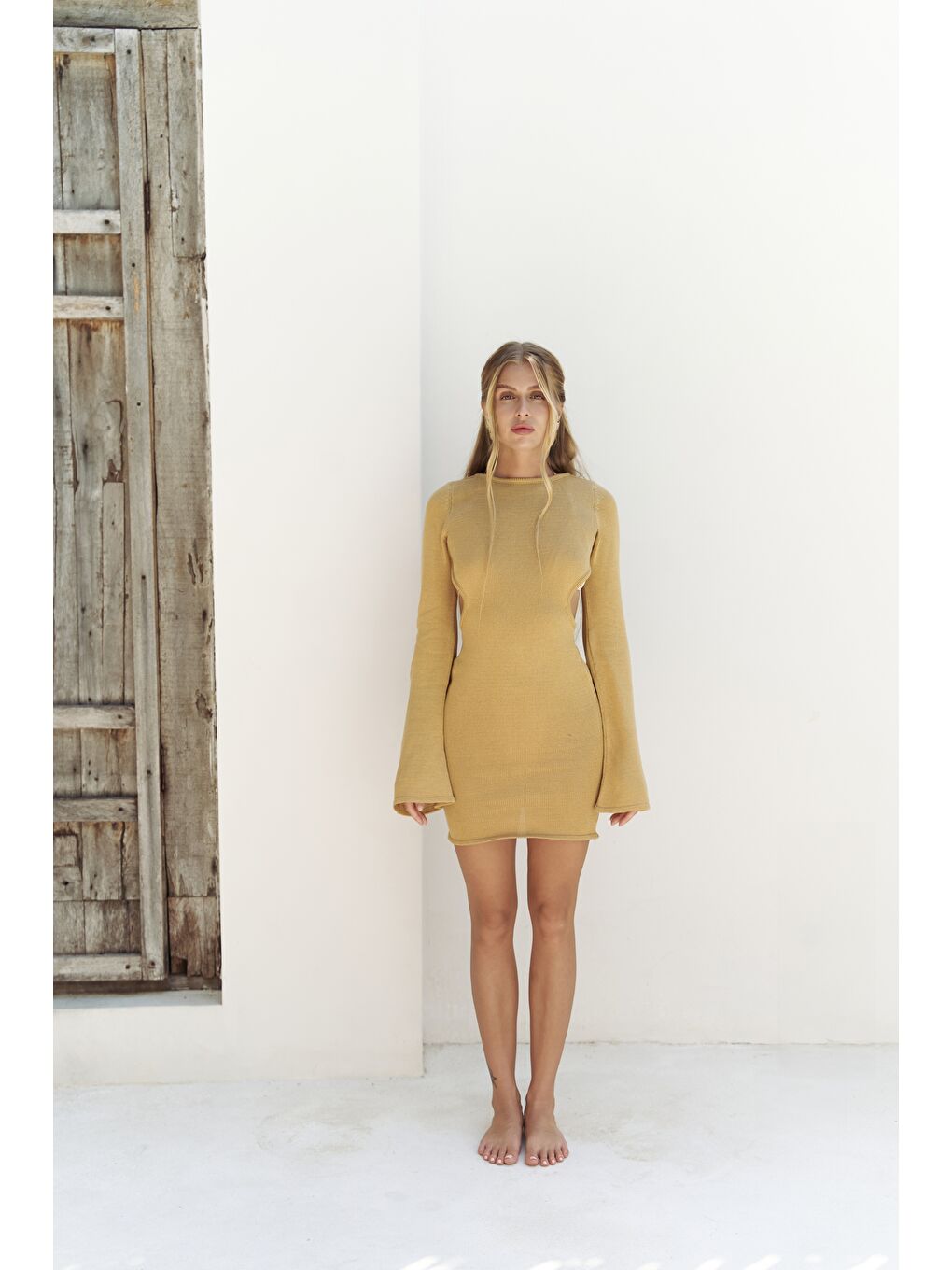 Sarı Sariah Pencere Detay Hardal Triko Elbise-1