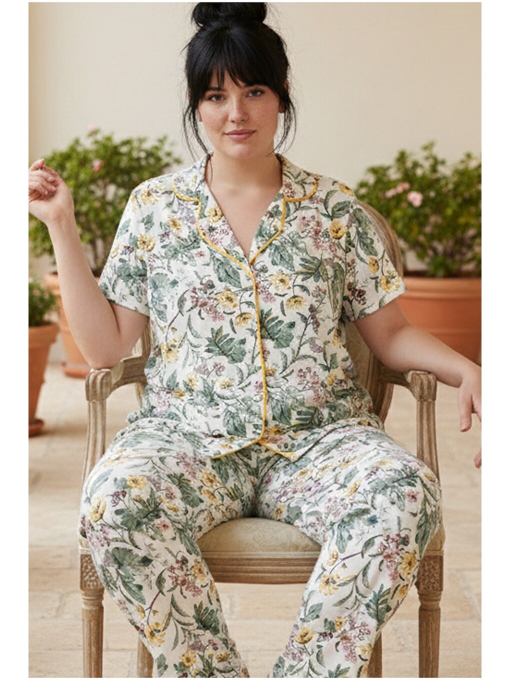 Ekru Büyük Beden Battal Boy Düğmeli Biyeli Viskon Örme Pijama Takım 26120966
