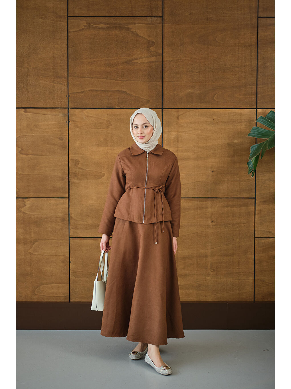 Kahverengi Kadın Nubuk Detay Bel Bağlamalı Takım Taba-3