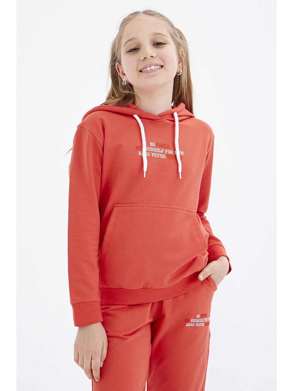 Turuncu Portakal Yazı Nakışlı Kapüşonlu Basic Rahat Form Kız Çocuk Eşofman Takım - 75055-4