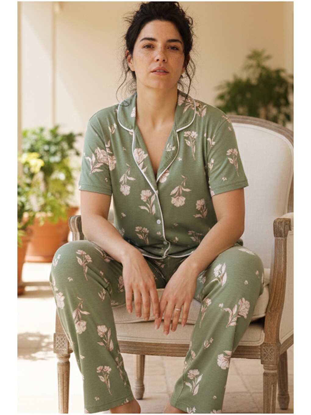 Yeşil Büyük Beden Battal Boy Düğmeli Biyeli Viskon Örme Pijama Takım 26120966