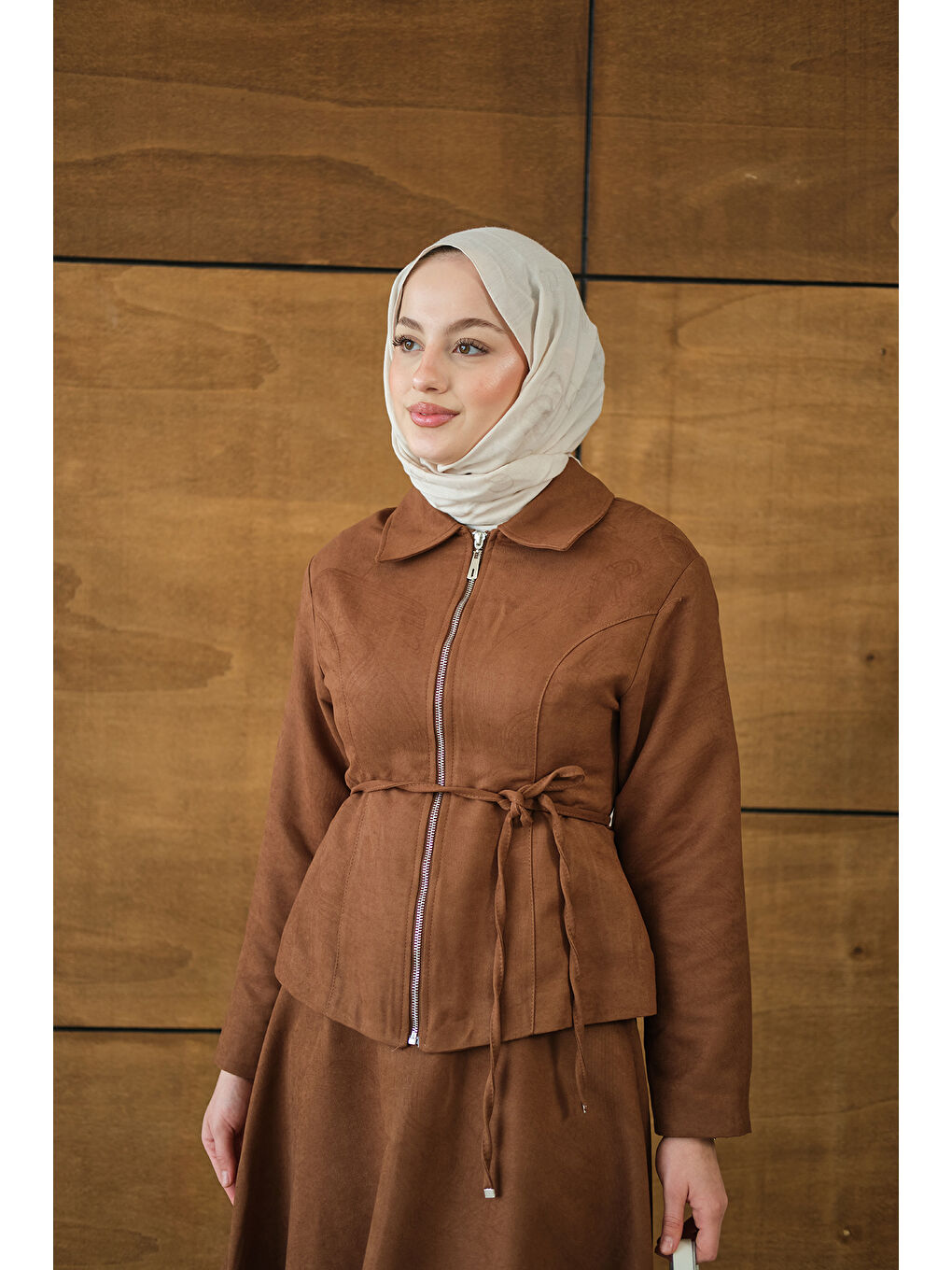 Kahverengi Kadın Nubuk Detay Bel Bağlamalı Takım Taba-4