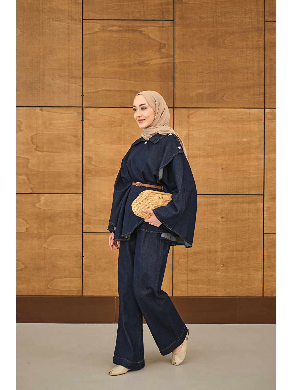 Kadın Yan Düğme Detaylı Jean Takım Lacivert-3