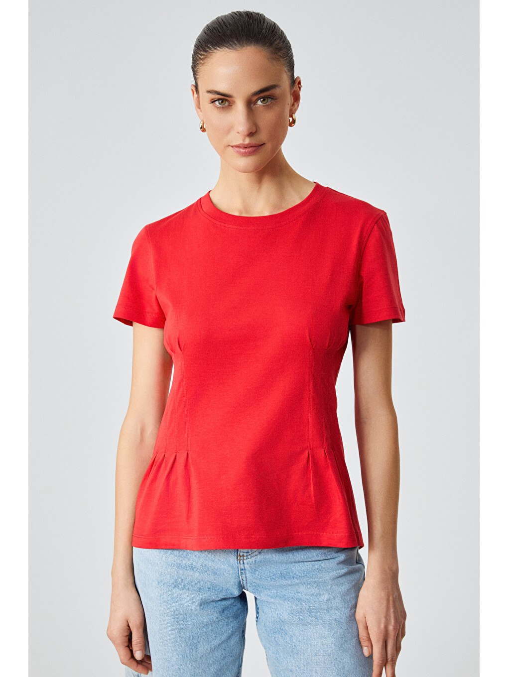 Kırmızı JESSIA Kadın Korse Detaylı %100 Organik Pamuk Bisiklet Yaka KIRMIZI T-Shirt-2