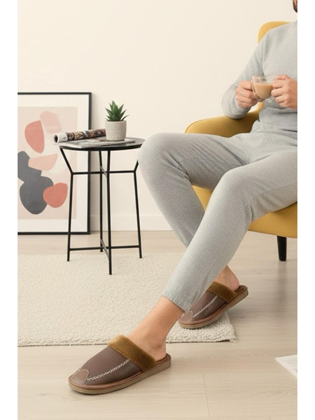 Kahverengi Bets Pofuduk Suni Deri İçi Kürklü Erkek Ev Terliği Ses Yapmaz Taban Misafir Terliği-1