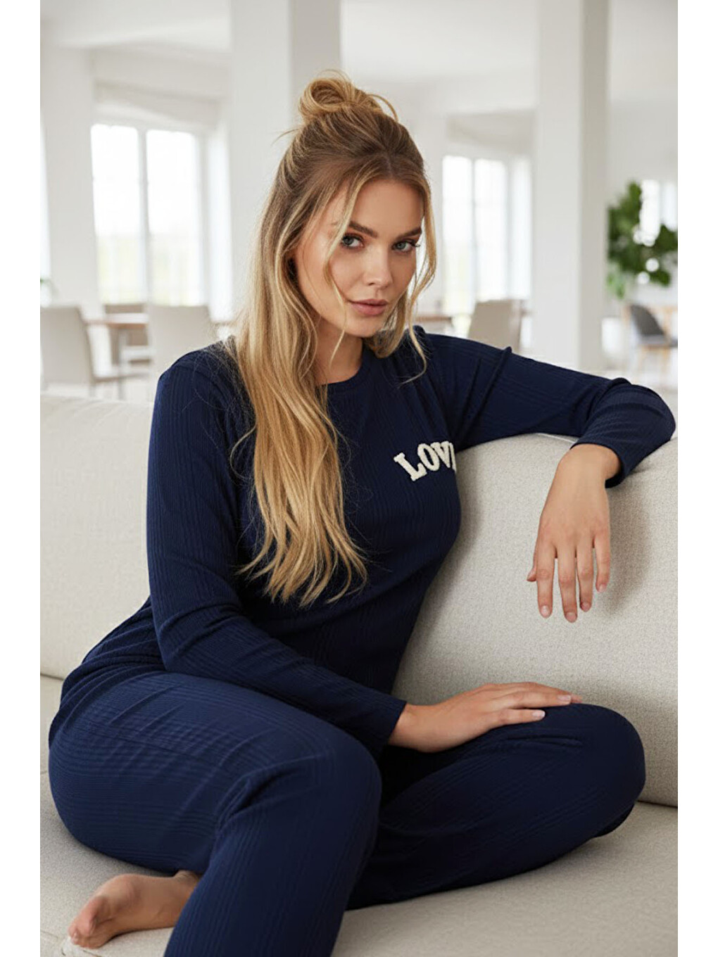 Lacivert Love Nakışlı Fitilli Örme Pijama Takım25226001
