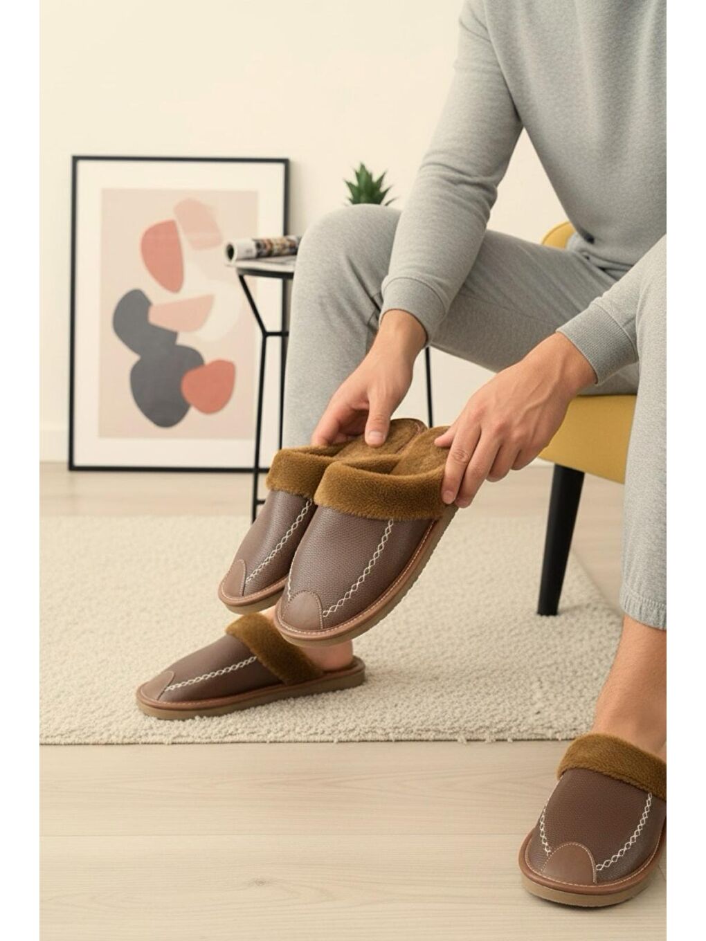 Kahverengi Bets Pofuduk Suni Deri İçi Kürklü Erkek Ev Terliği Ses Yapmaz Taban Misafir Terliği-2