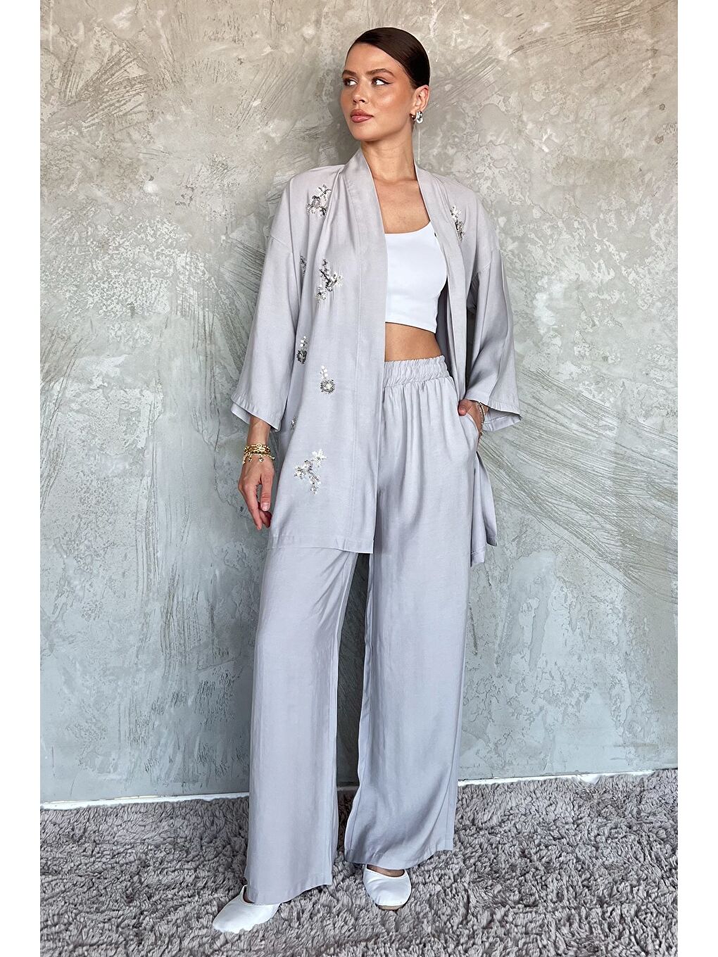 Gri Taşlı Kimono Pantolon İkili Takım-1
