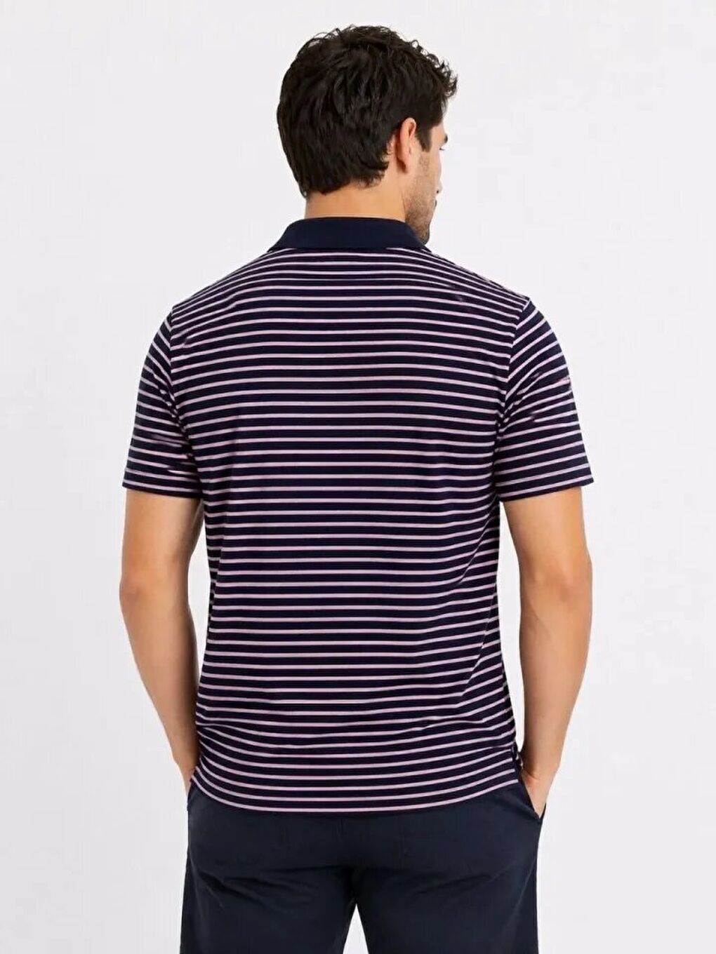 Erkek Pike Kumaş Gül Kurusu Çizgili Polo Yaka Tişört Kısa Kol T-Shirt - Siyah-2
