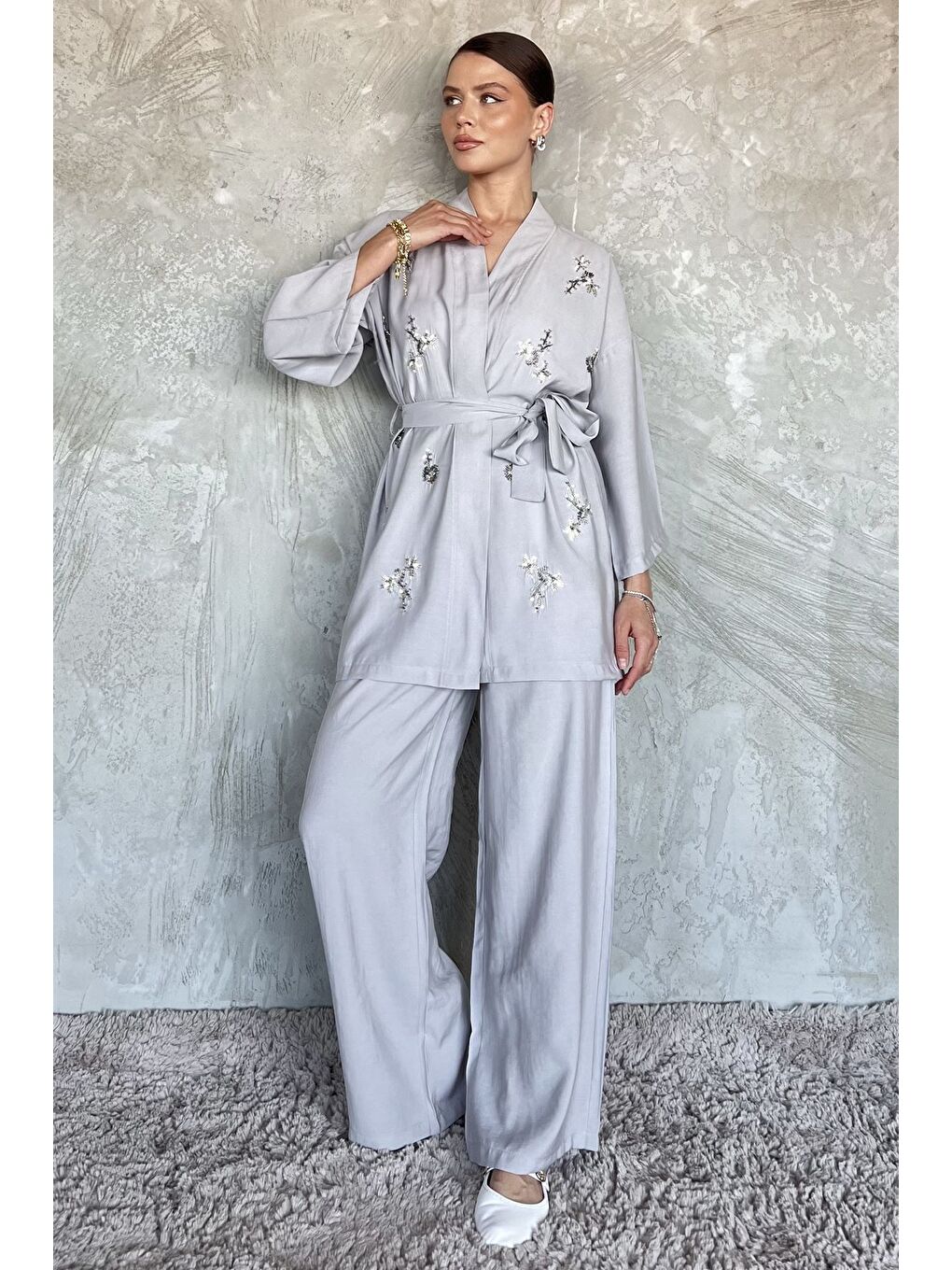 Gri Taşlı Kimono Pantolon İkili Takım-2