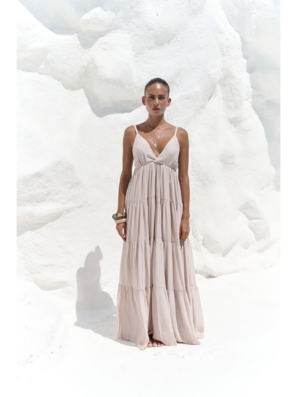 Bej Siena Vizon Askılı Uzun Elbise-1