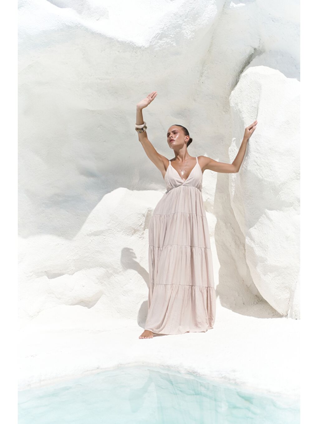 Bej Siena Vizon Askılı Uzun Elbise-2