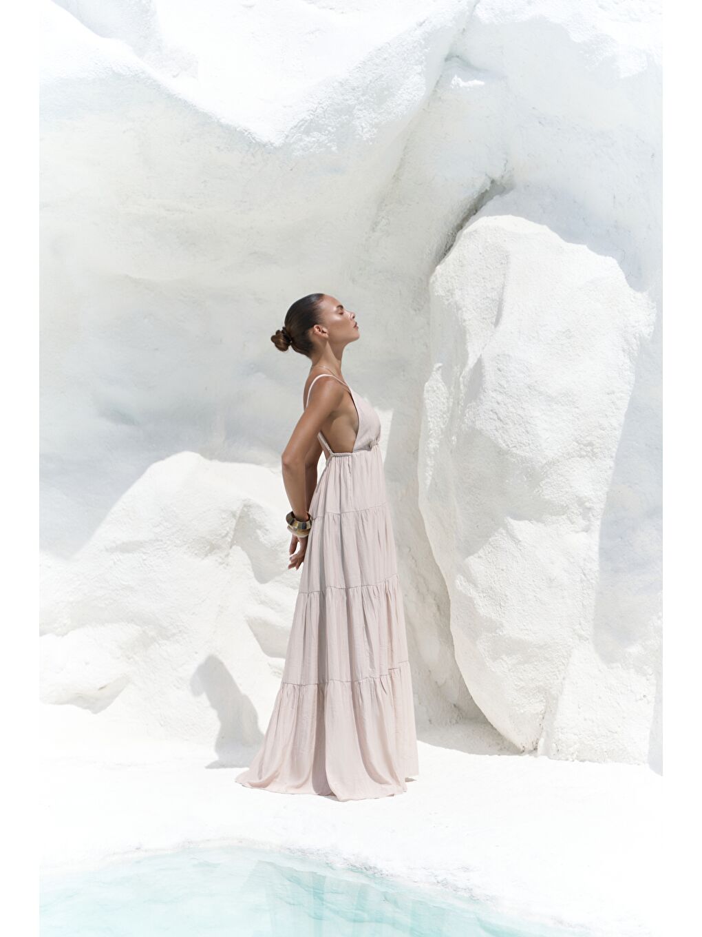 Bej Siena Vizon Askılı Uzun Elbise-3