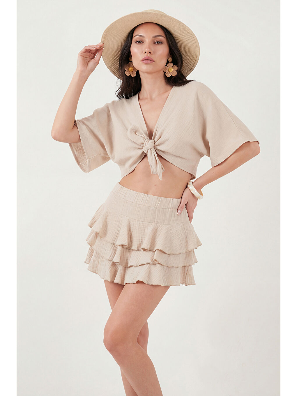Bej Pamuklu Regular Fit Fırfırlı Mini Müslin Şort Etek 5866662-3