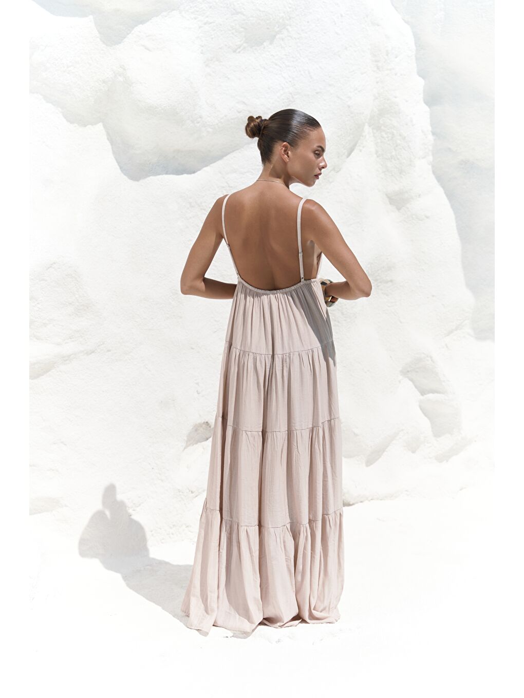 Bej Siena Vizon Askılı Uzun Elbise-4