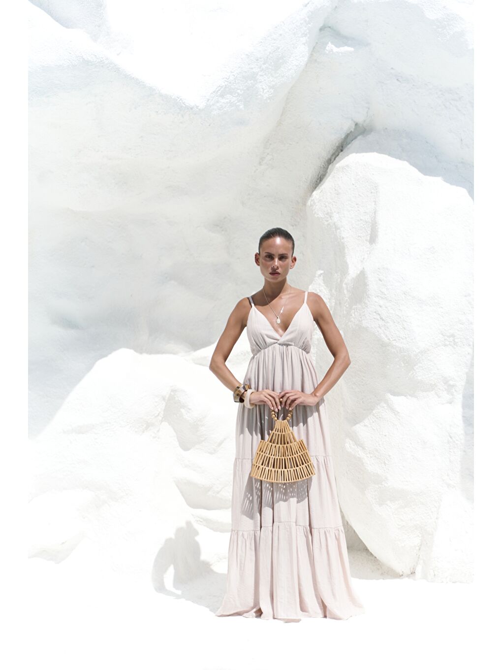 Bej Siena Vizon Askılı Uzun Elbise-5