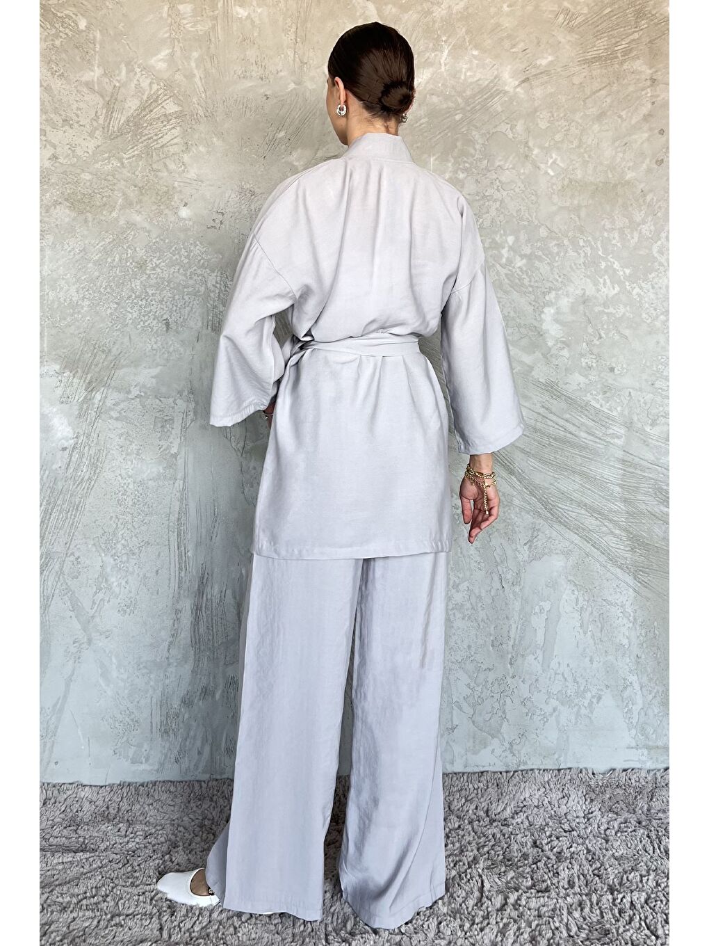 Gri Taşlı Kimono Pantolon İkili Takım-4