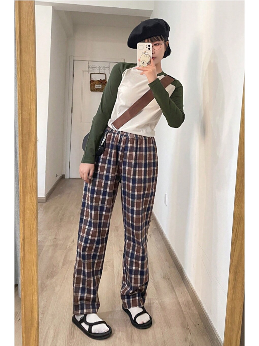Haki Kadın Bisiklet Yaka Renk Bloklu Uzun Kollu Slim Fit Pamuklu Tişört-2