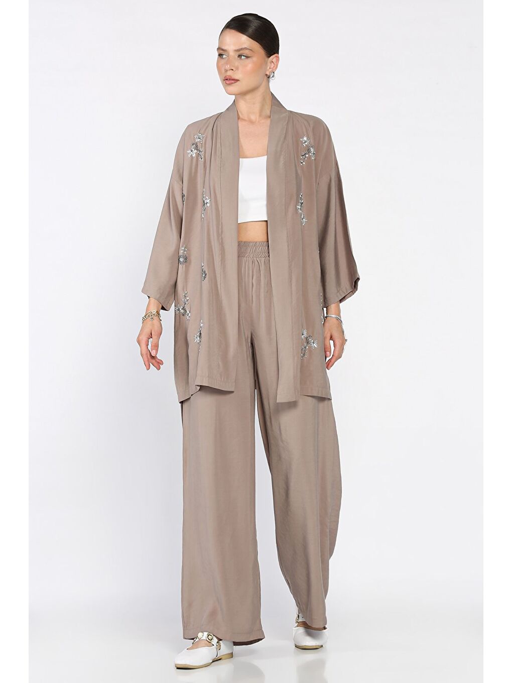 Bej Taşlı Kimono Pantolon İkili Takım-1