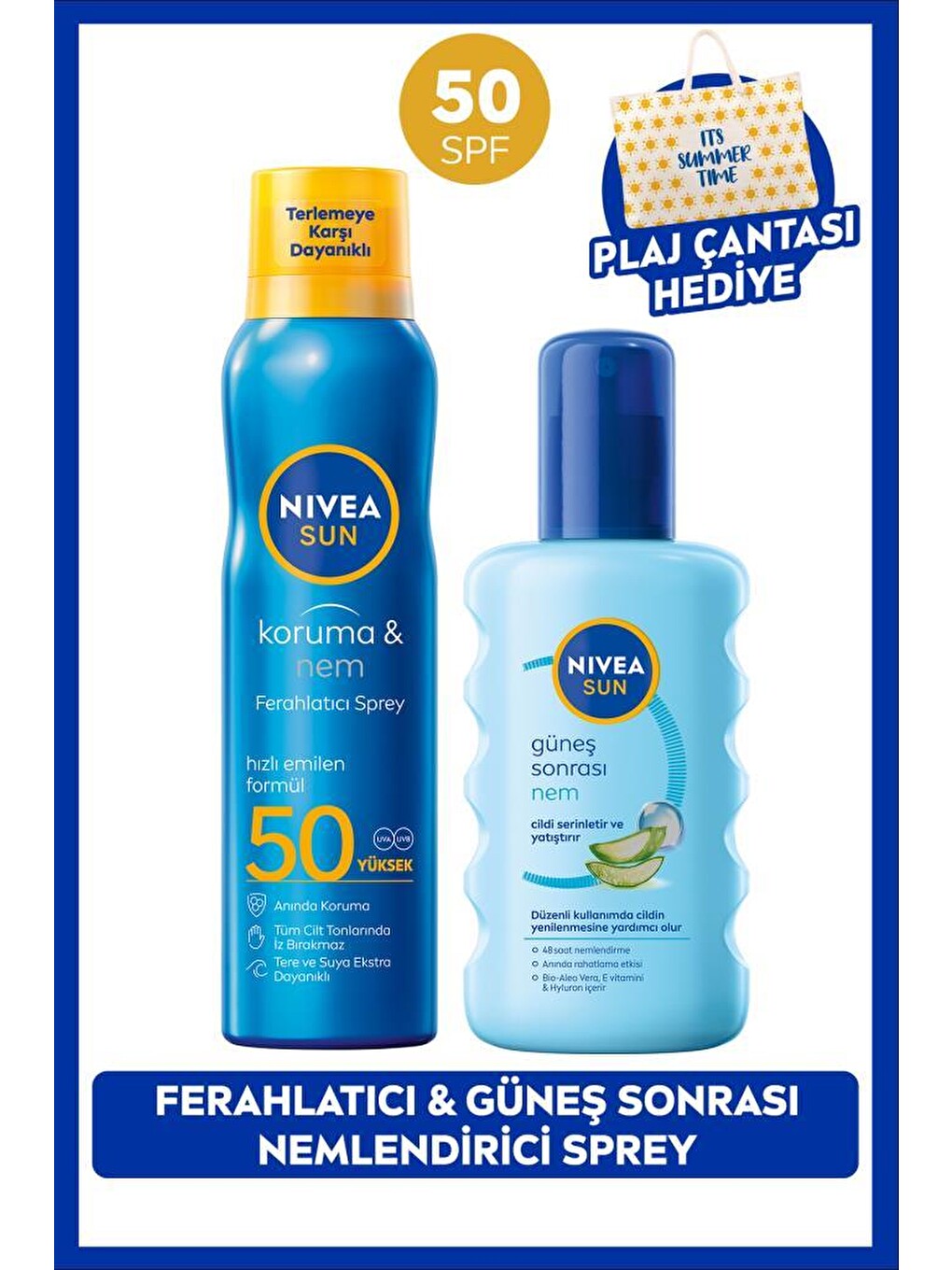 Sun Spf50 Güneş Koruyucu Sprey 200ml Ve Güneş Sonrası Nemlendirici Vücut Spreyi, Plaj Çanta Hediye