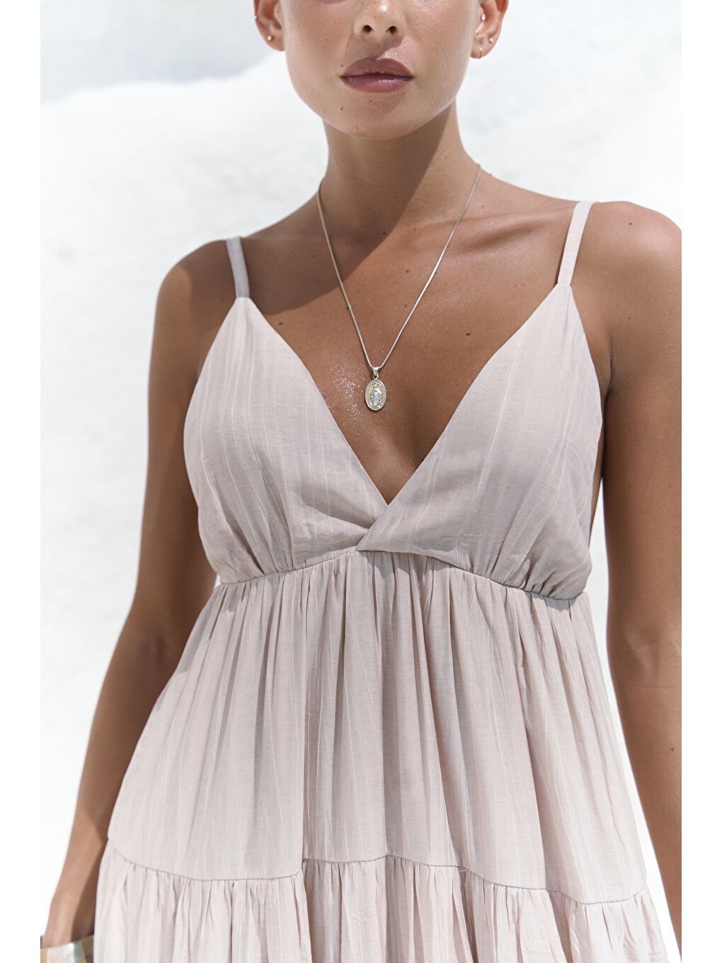 Bej Siena Vizon Askılı Uzun Elbise-6