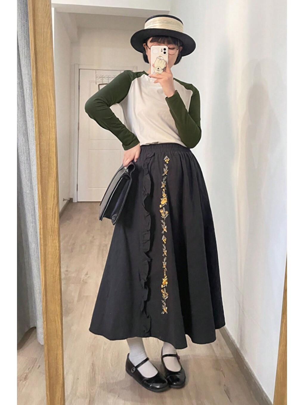 Haki Kadın Bisiklet Yaka Renk Bloklu Uzun Kollu Slim Fit Pamuklu Tişört-3