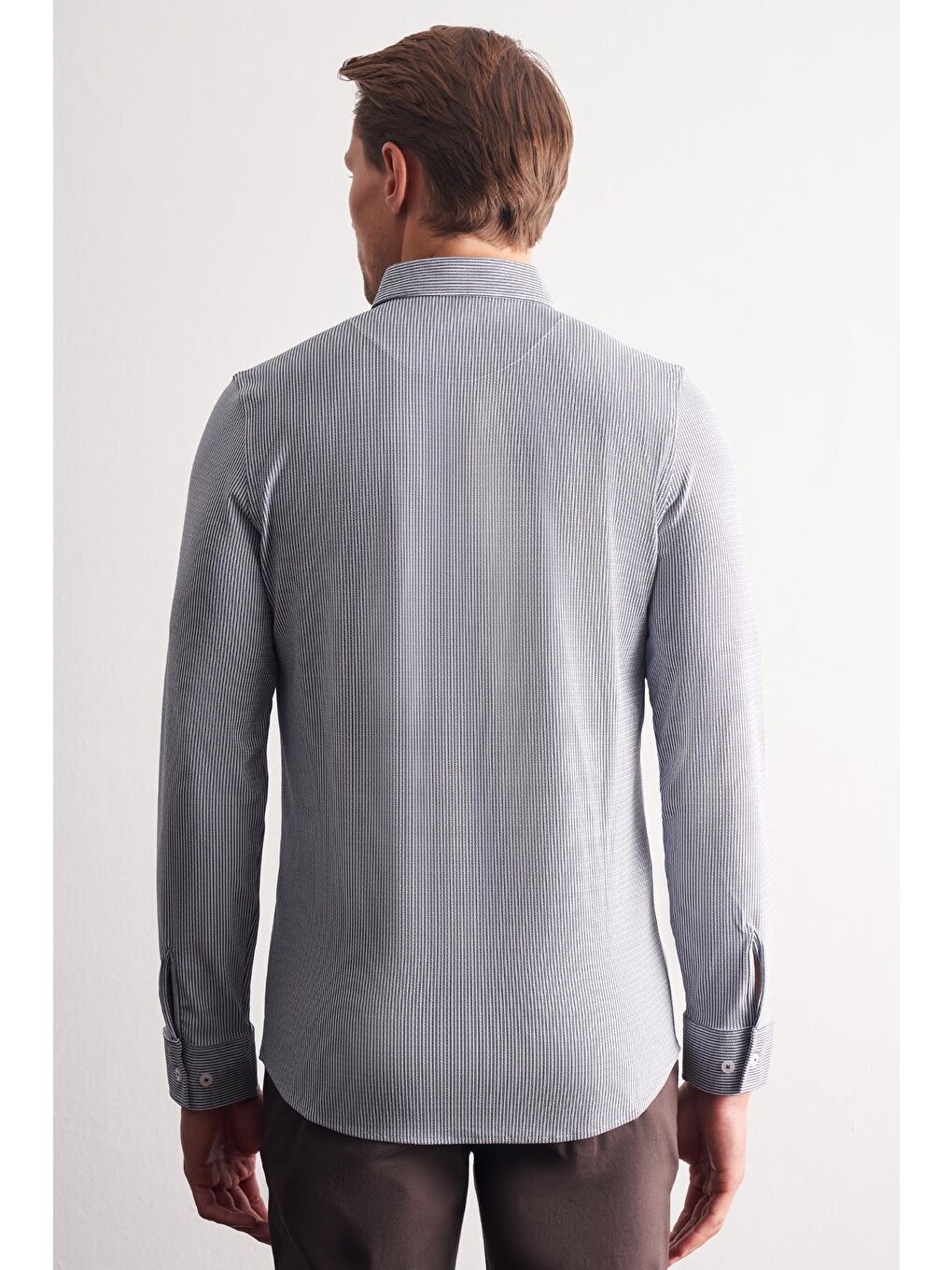 Koyu Lacivert Smart Düğmeli Yaka Uzun Kol Cepsiz Slim Fit Casual Gömlek 1004255166-4