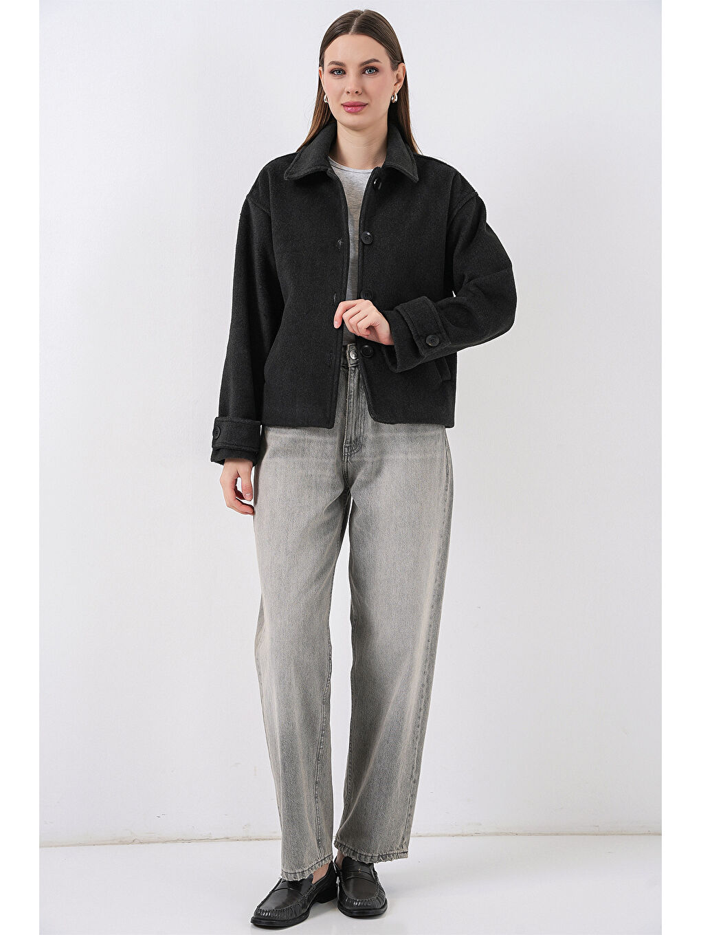 Gri Kadın Kısa Kaşe Ceket 0724 - Füme-1