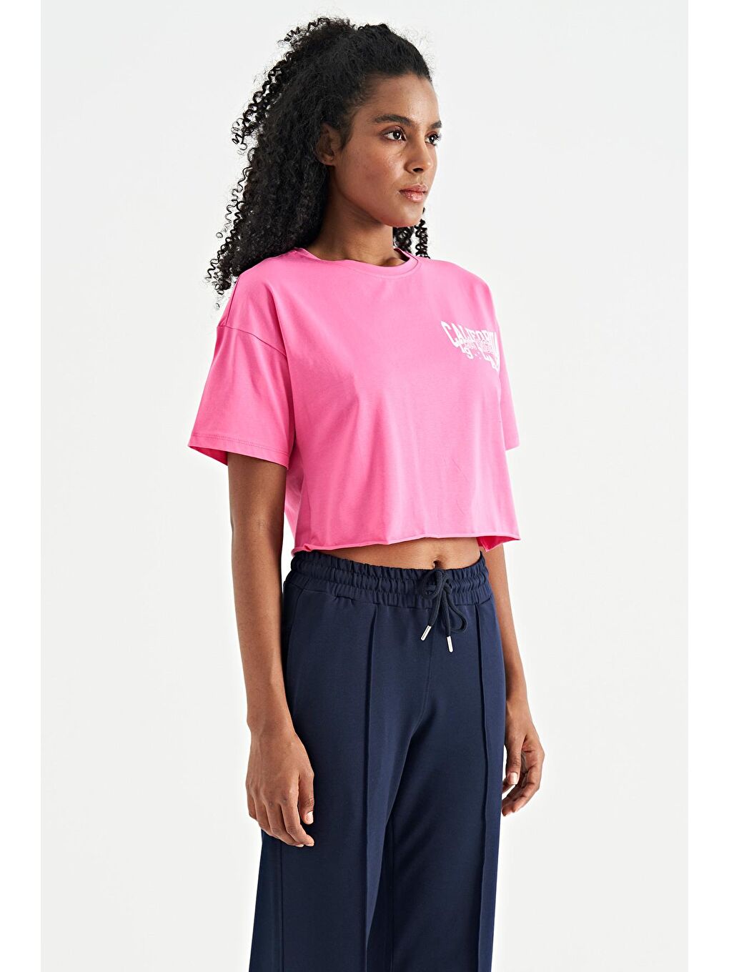 Veryperi Koyu Pembe Şeker Pembe Baskılı Düşük Kol Detaylı Oversize Kadın Crop T-Shirt - 02179 - 3