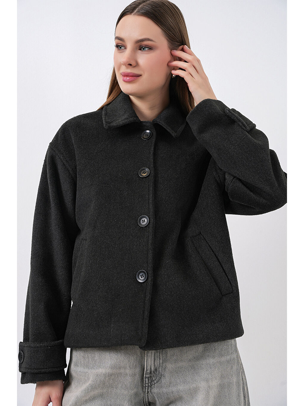 Gri Kadın Kısa Kaşe Ceket 0724 - Füme-2