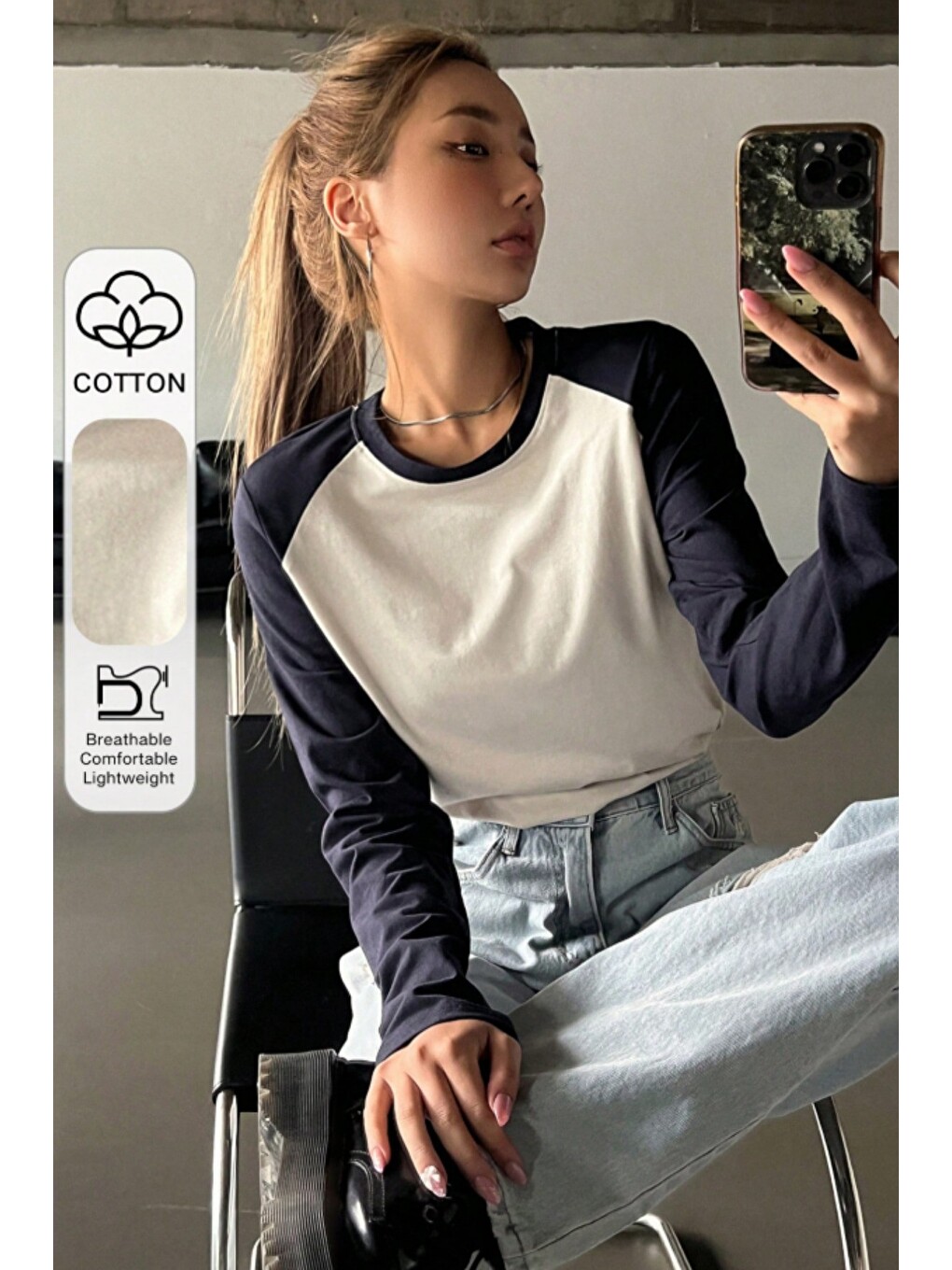 Beyaz Kadın Bisiklet Yaka Renk Bloklu Uzun Kollu Slim Fit Pamuklu Tişört