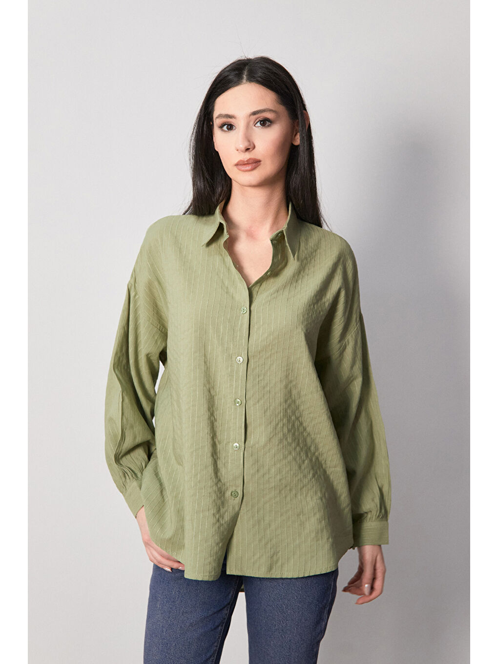 Haki Çizgili Arkası Uzun Salaş Gömlek