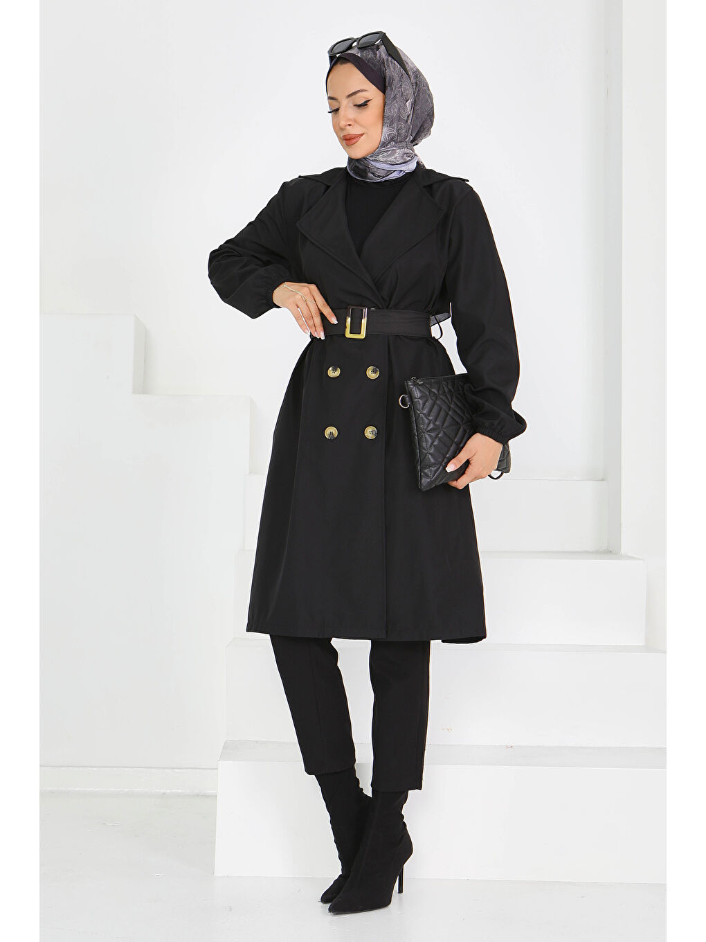 Düğmeli Kuşaklı Miranda Trençkot Siyah - 27614