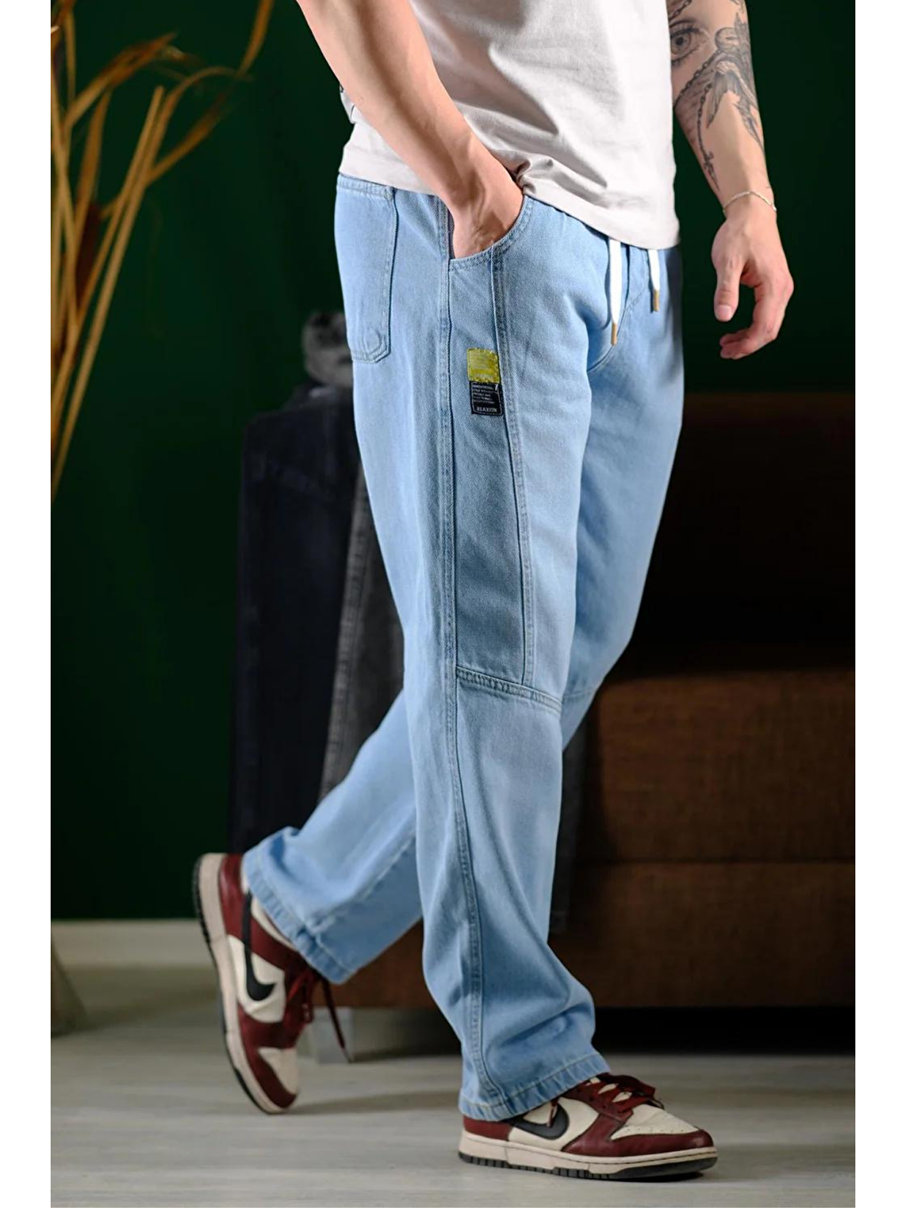 Erkek Mavi Bel Lastikli Bağcıklı Baggy Fit Jean Pantolon