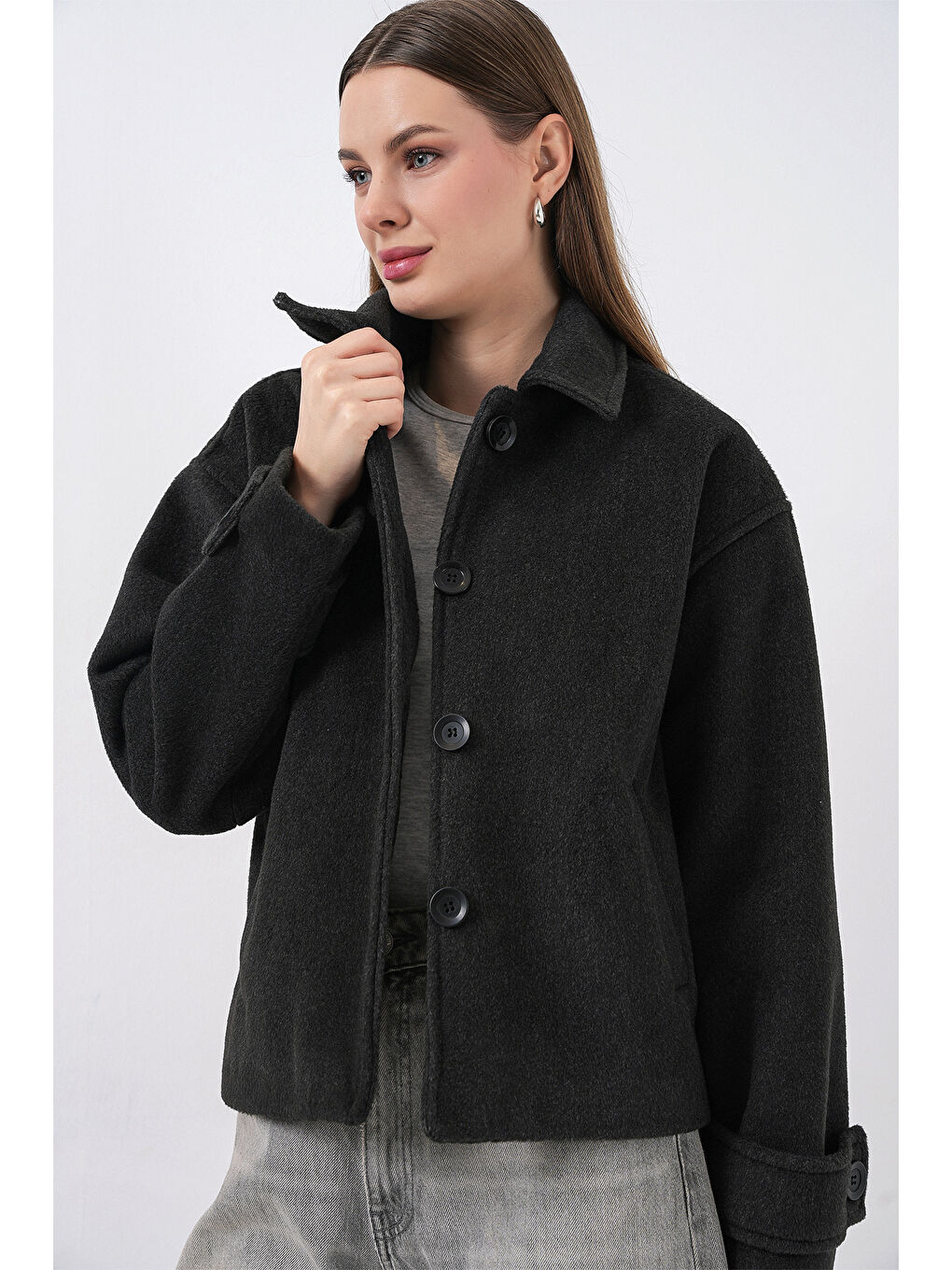 Gri Kadın Kısa Kaşe Ceket 0724 - Füme-3