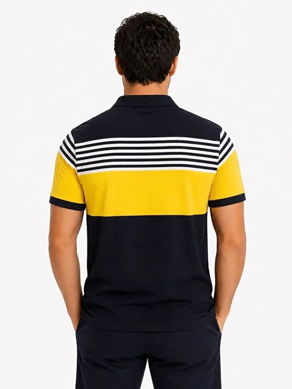 Erkek Pike Kumaş Çizgili Polo Yaka Tişört Kısa Kol Yazlık T-Shirt - Lacivert-1