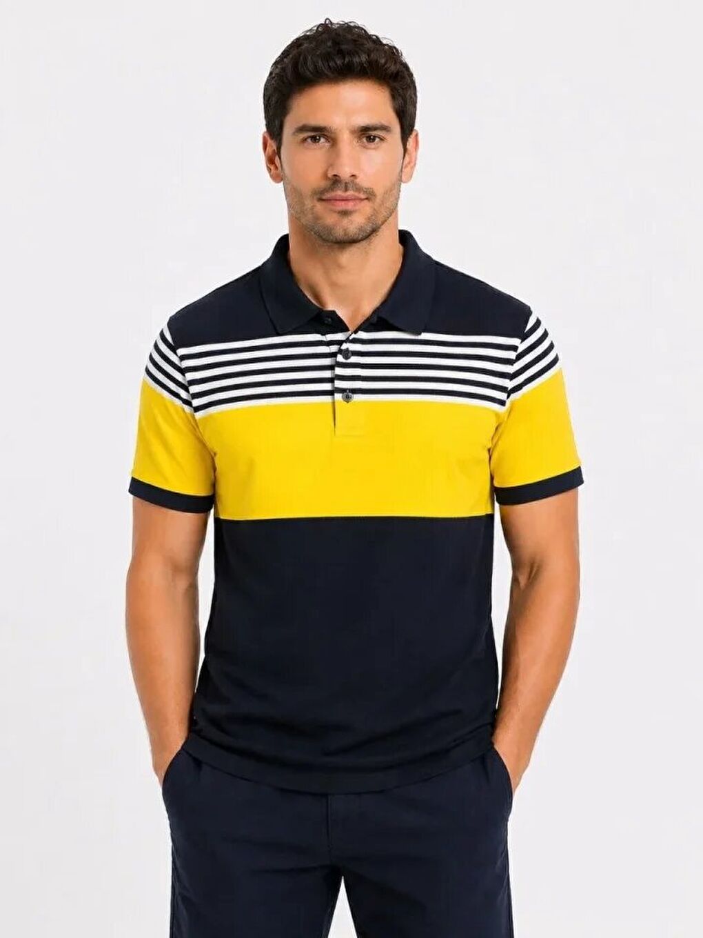 Erkek Pike Kumaş Çizgili Polo Yaka Tişört Kısa Kol Yazlık T-Shirt - Lacivert-2