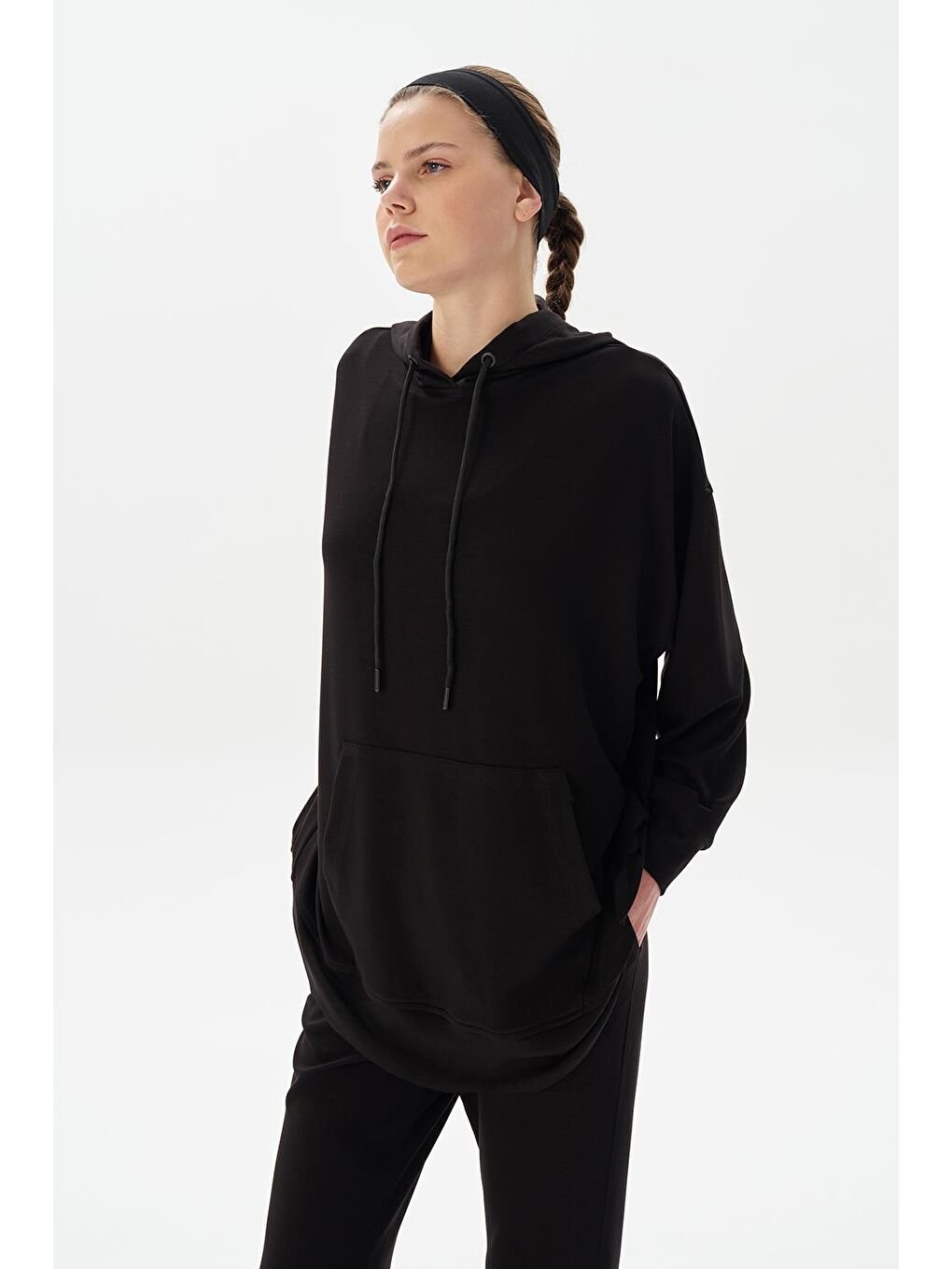 Modal Örme Kapüşonlu Oversize Sweatshirt Siyah-1